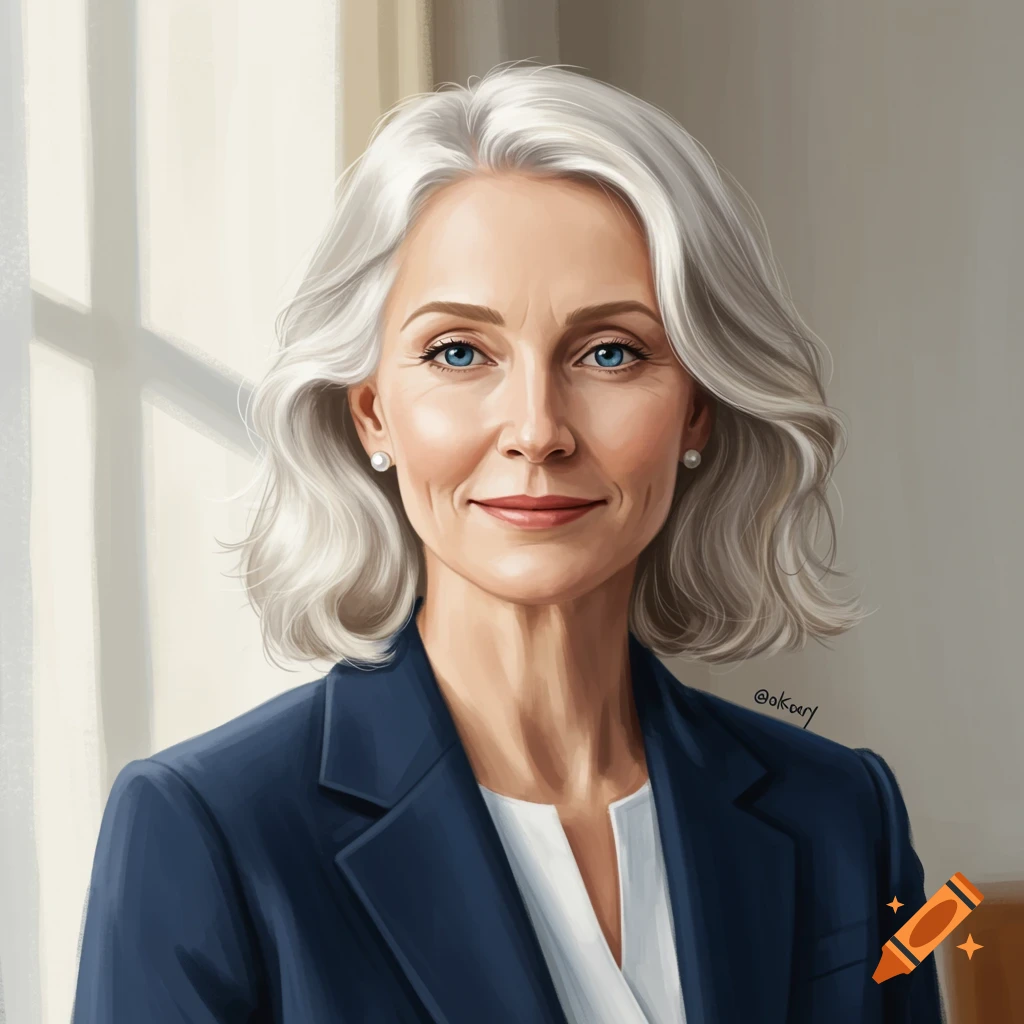 A portrait of an older woman with short white hair and blue eyes, wearing a navy suit.