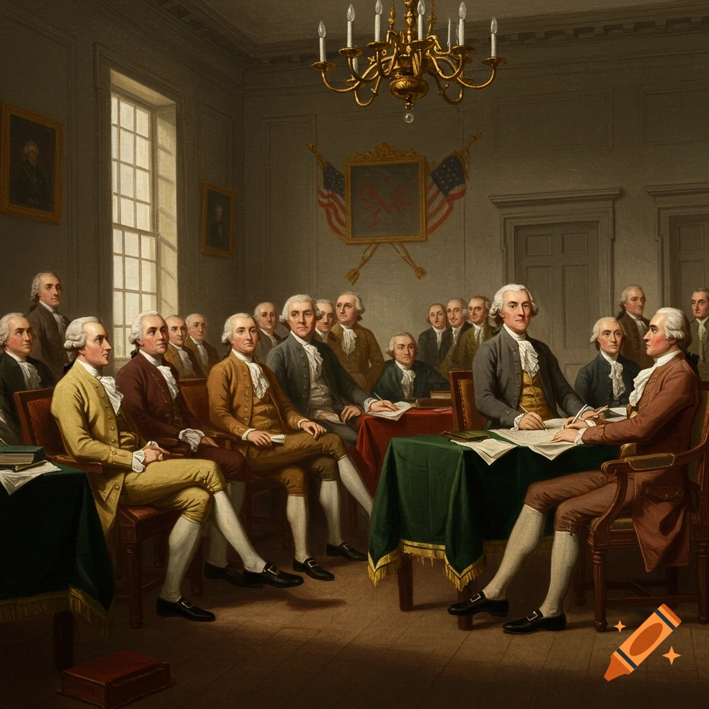 A historical scene with men in colonial attire signing a document in a room.