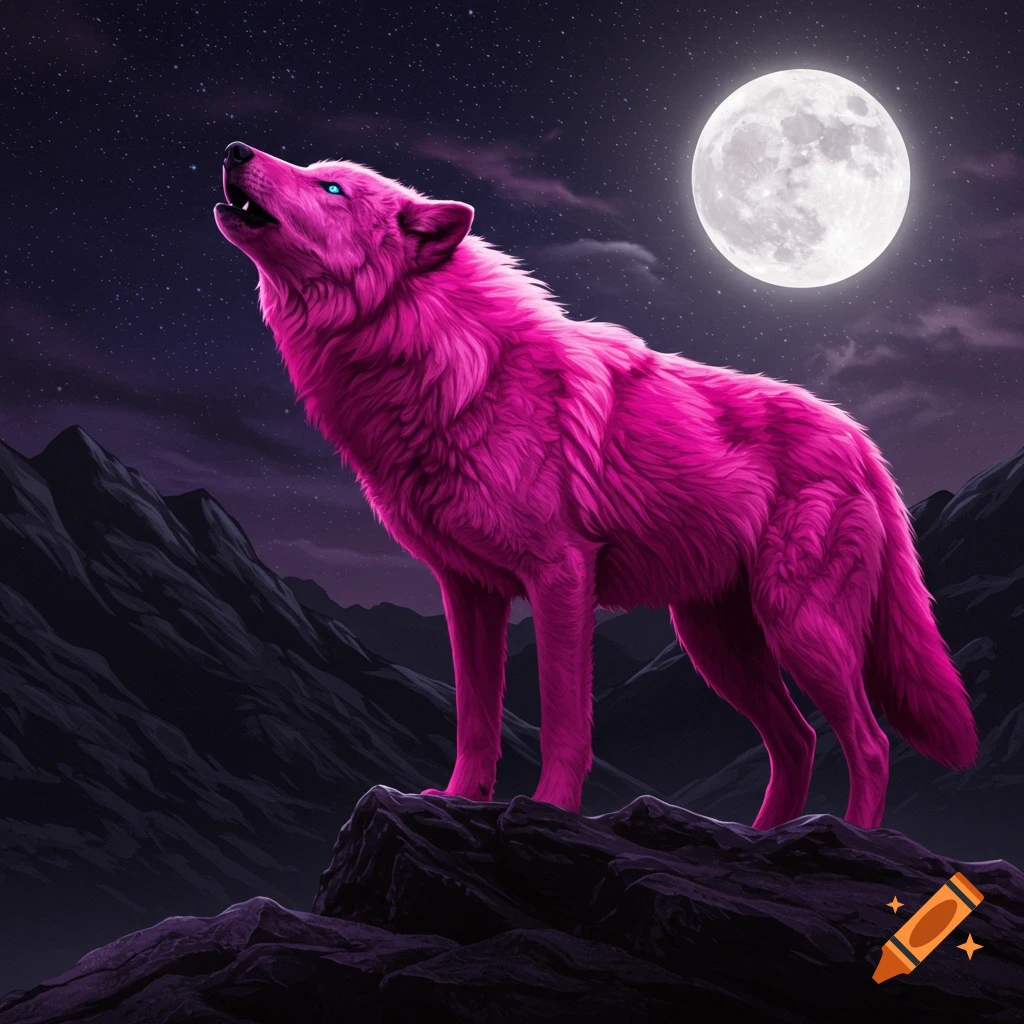 Pink wolf howling at a full moon in a mountain landscape