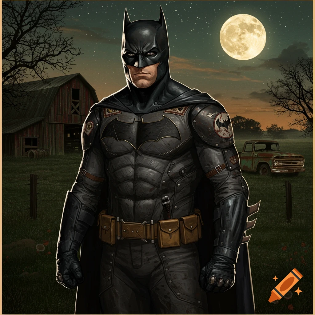 Batman in a country field at night with a barn, truck, and moon.