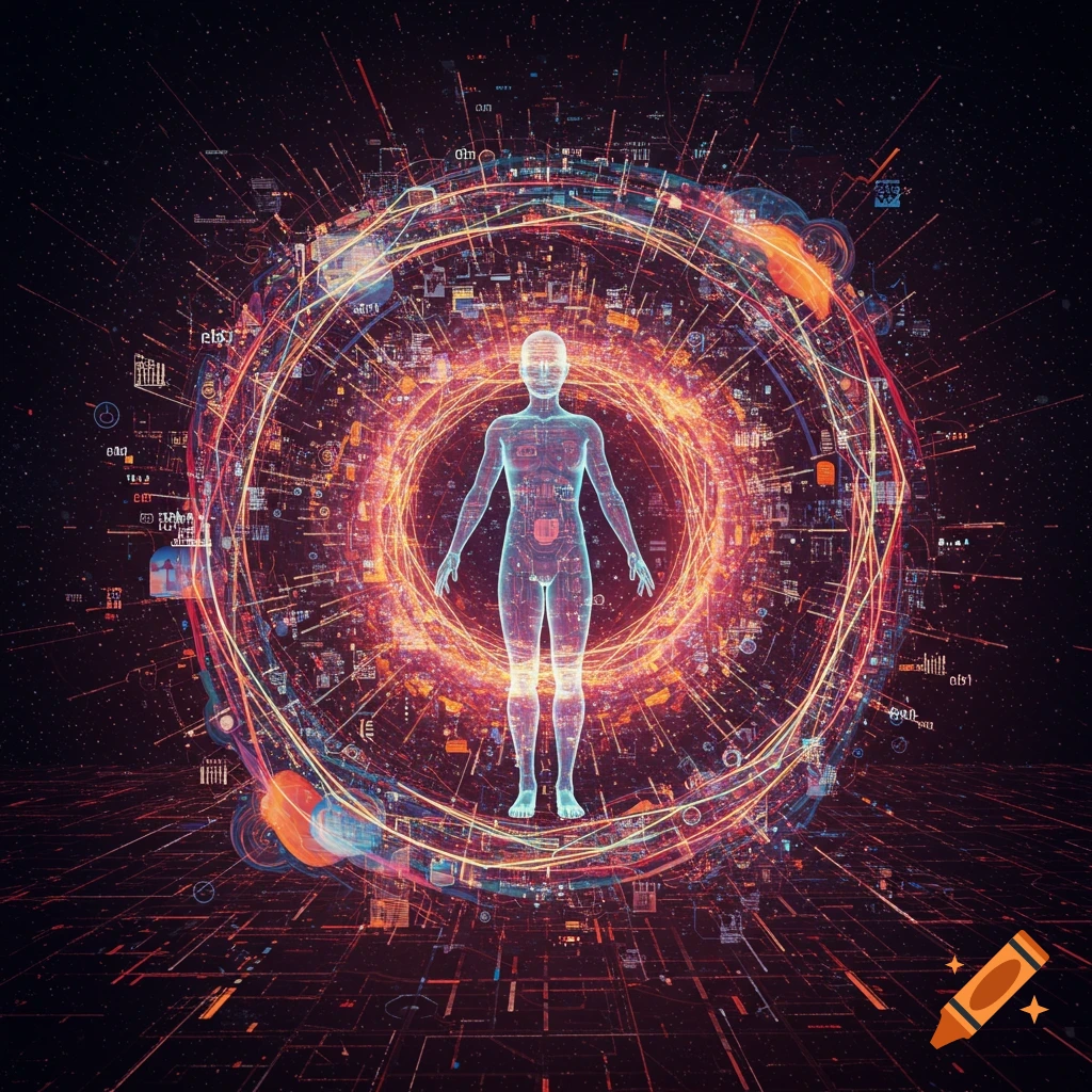 A translucent human figure is shown within a vibrant network of glowing lines and nodes.