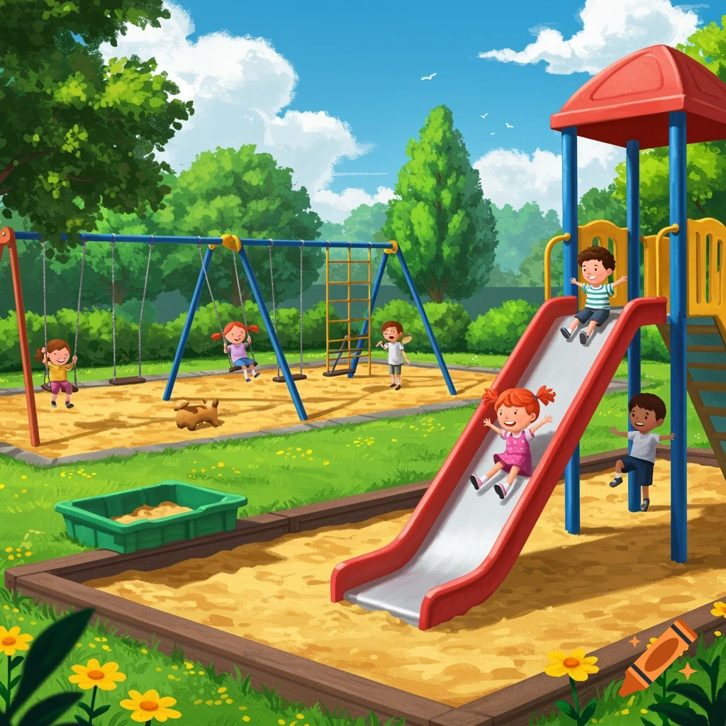 A vibrant image of children playing on a playground with swings, a slide, and a sandbox.