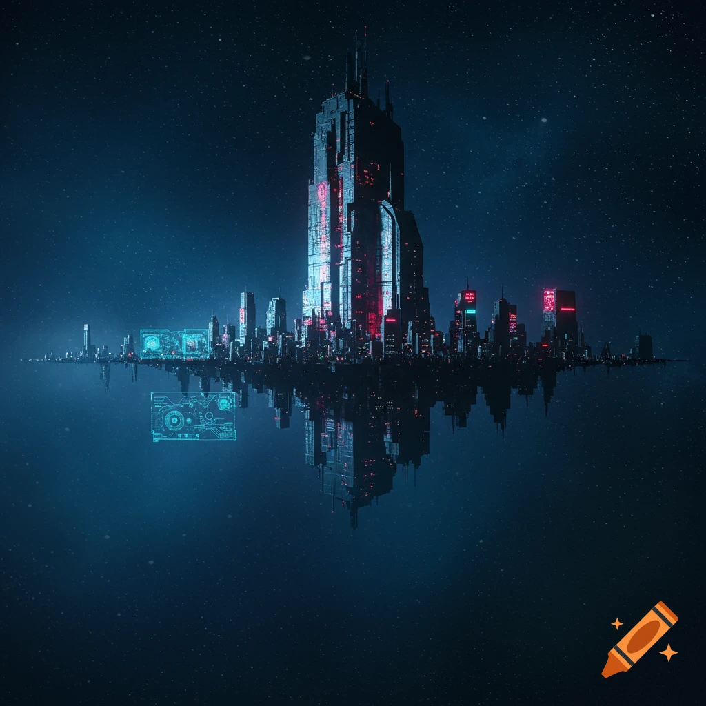 A detailed view of a futuristic city floating in a starry void, lit by blue and red neon lights.
