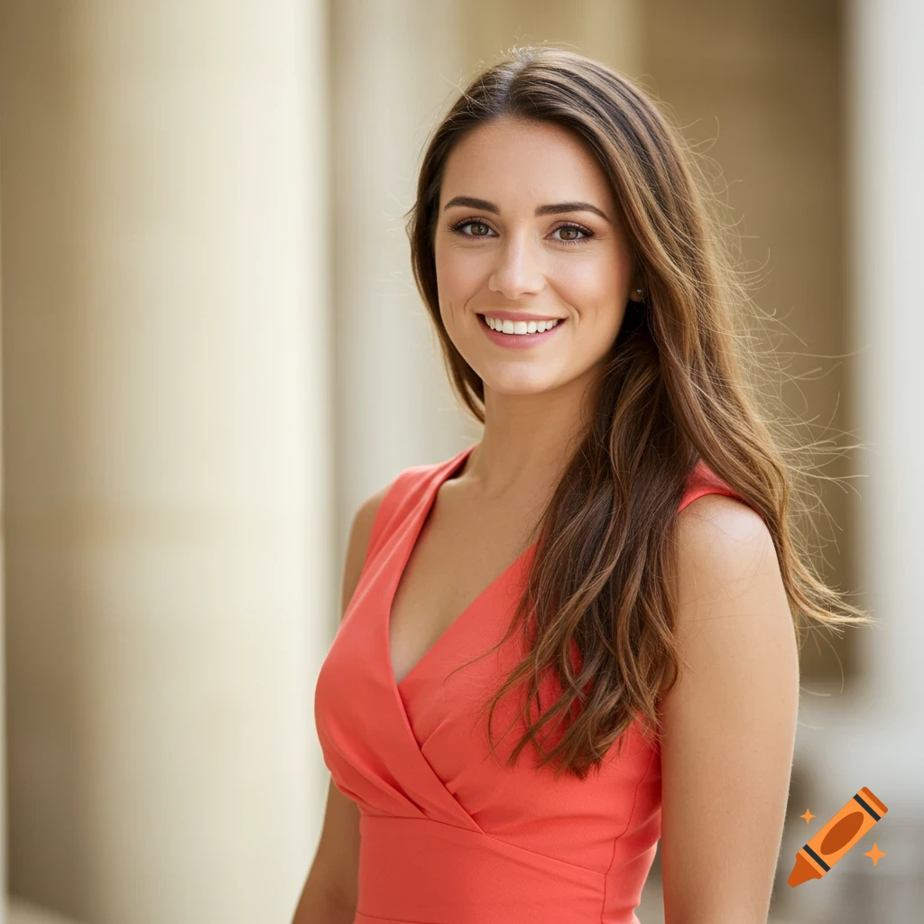 A smiling woman in a coral dress stands near columns.