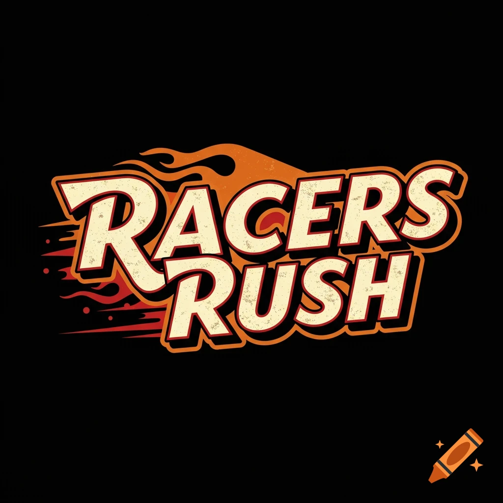 A retro logo with the text RACERS RUSH and orange flames.