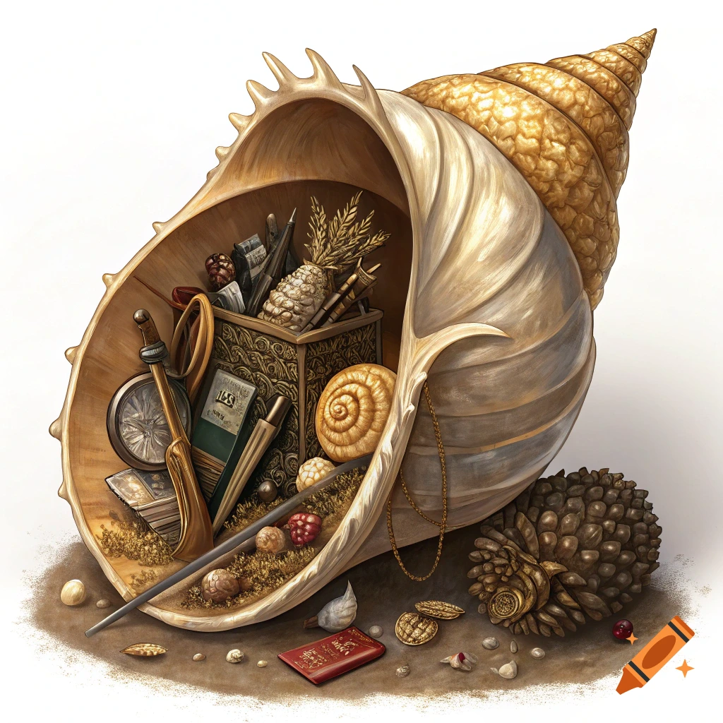 A large chambered nautilus shell overflowing with gold coins, berries, writing tools, and other small treasures on a beach.