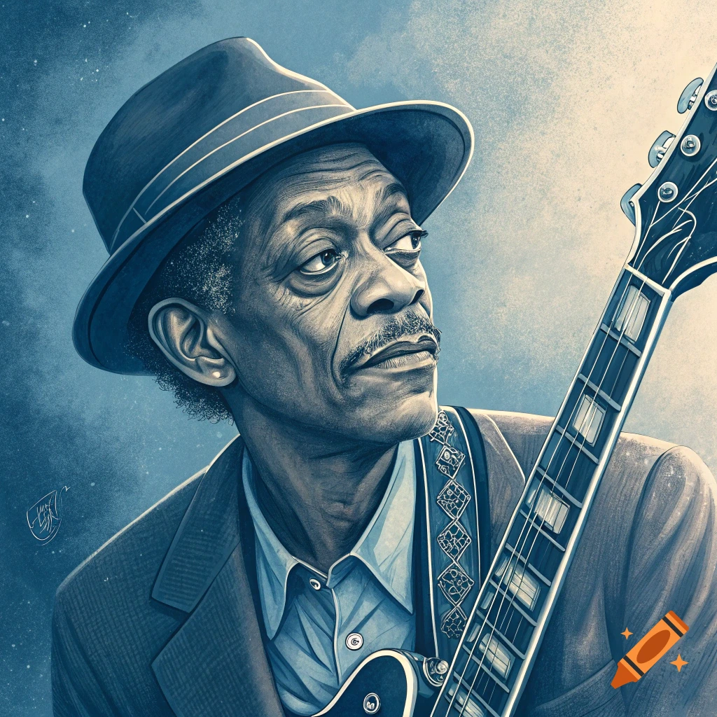 Illustration of a man in a hat playing a guitar