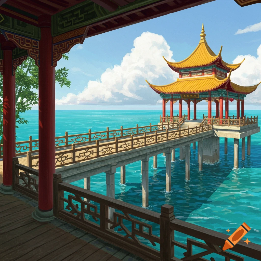 A fancy Chinese building is perched on a pier extending over the ocean.