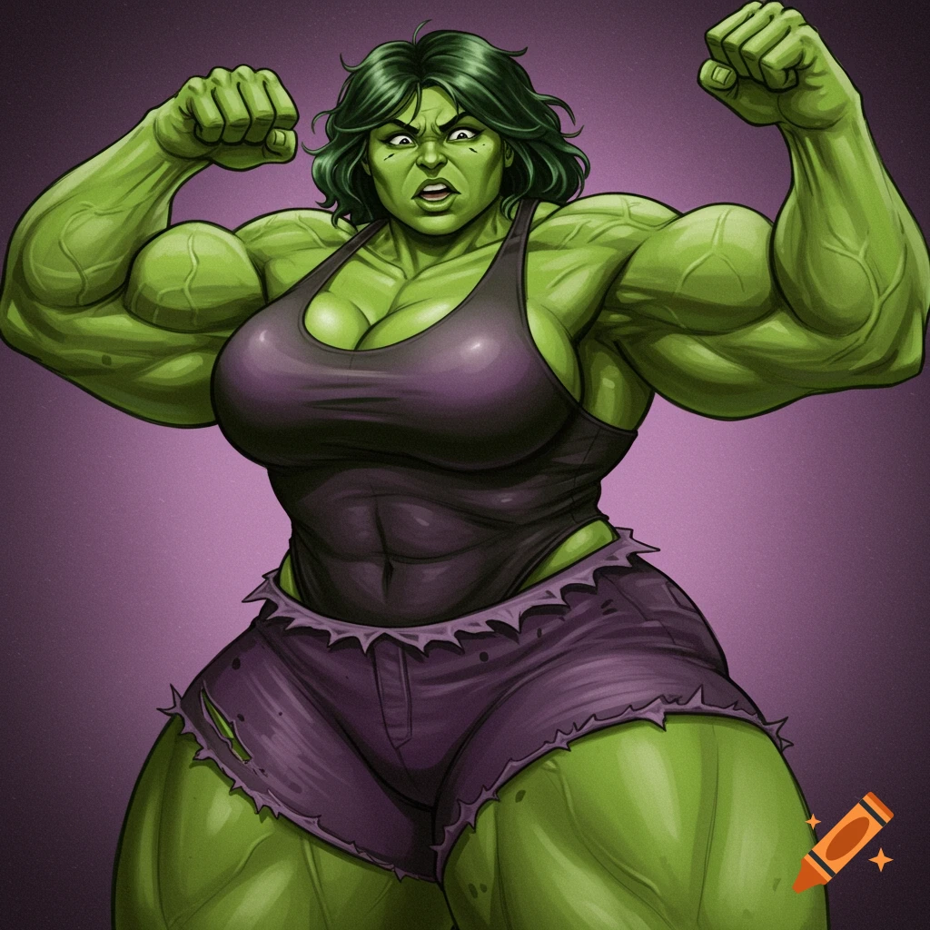 A green, muscular female character flexing in a purple tank top and shorts.