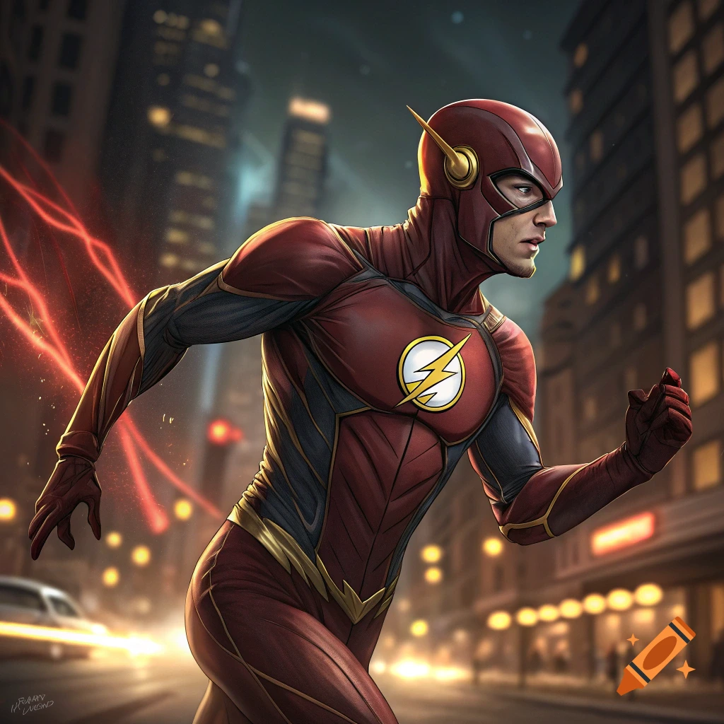 The Flash runs through a city street at night with red lightning trails.