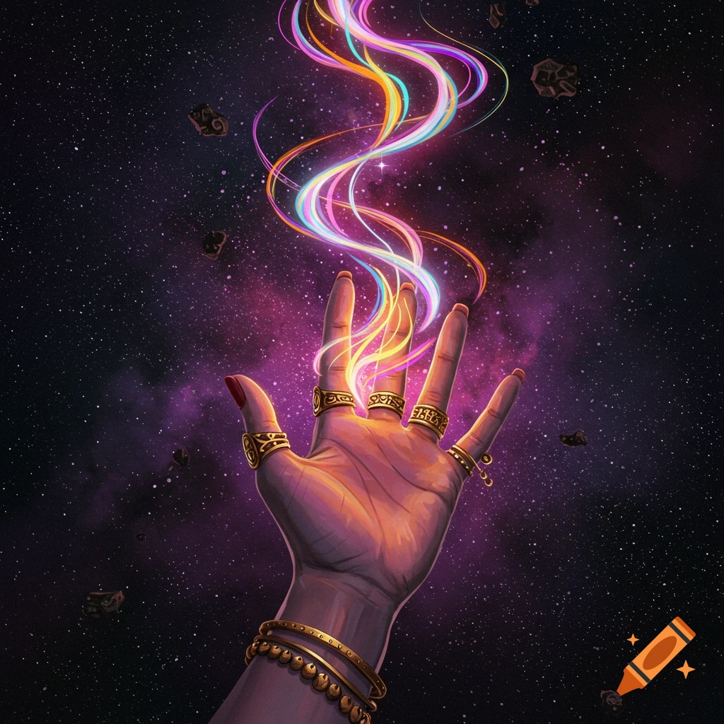 A hand reaching up in space with colorful glowing energy flowing from the fingertips, digital art.