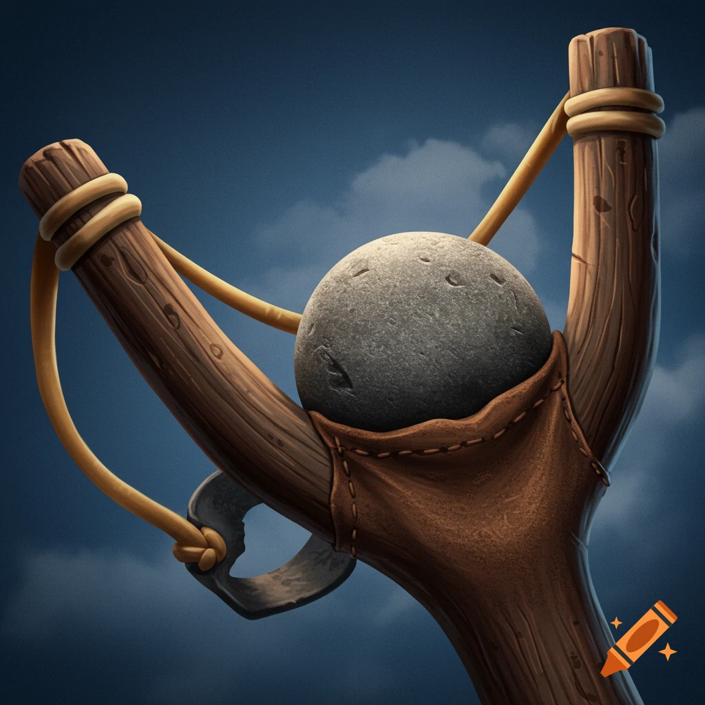 A rock in a slingshot against a cloudy sky.