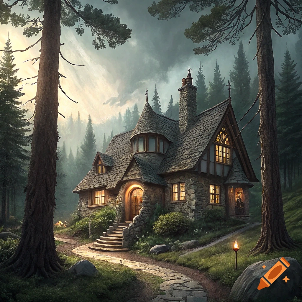 Stone cottage in a dark forest at sunset with a stone path leading to the door.