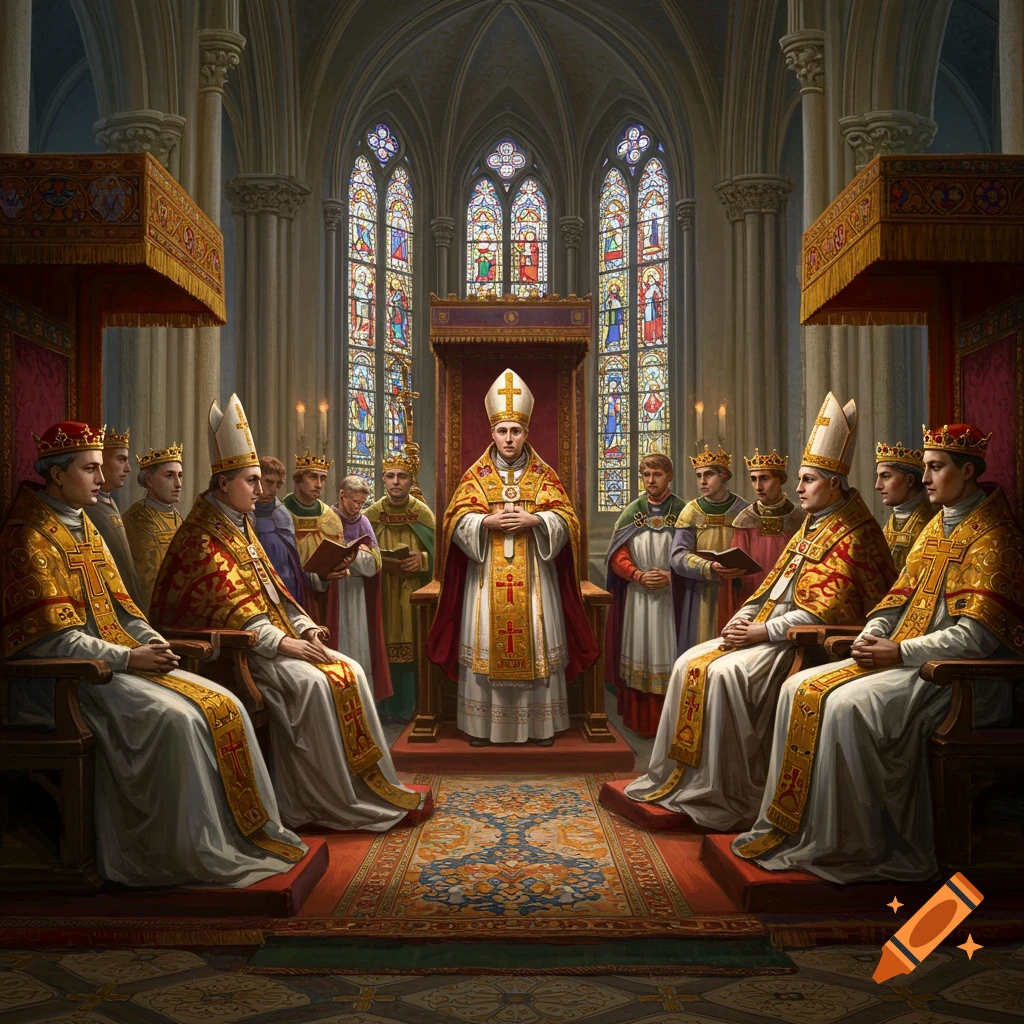 Religious and royal figures seated in a grand cathedral.