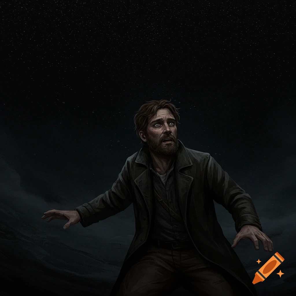 A man looks scared under a starry night sky