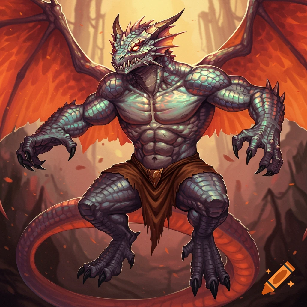 Muscular dragon creature in a loincloth with large wings.