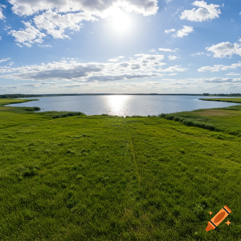 A sunny landscape with a large lake surrounded by green grass under a blue sky with clouds.