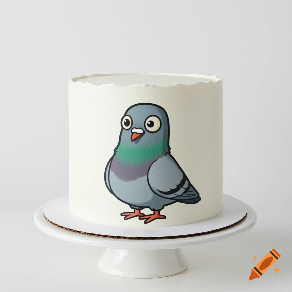 A cartoon pigeon printed on a white cake on a stand.
