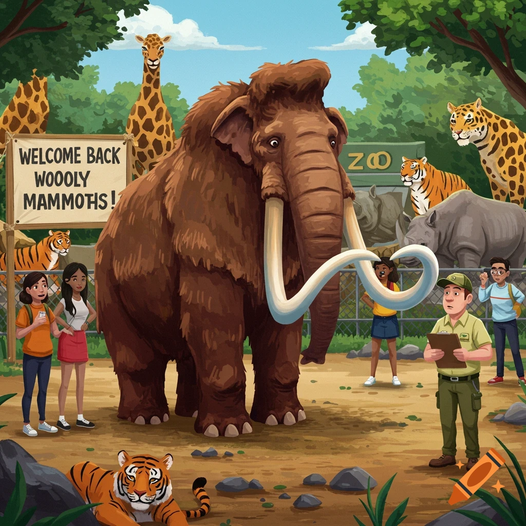 Digital illustration of a woolly mammoth standing in front of a zoo entrance sign with people and other animals.