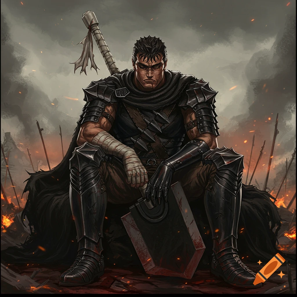 A dark fantasy scene of Guts from Berserk sitting amongst weapons in a battlefield.