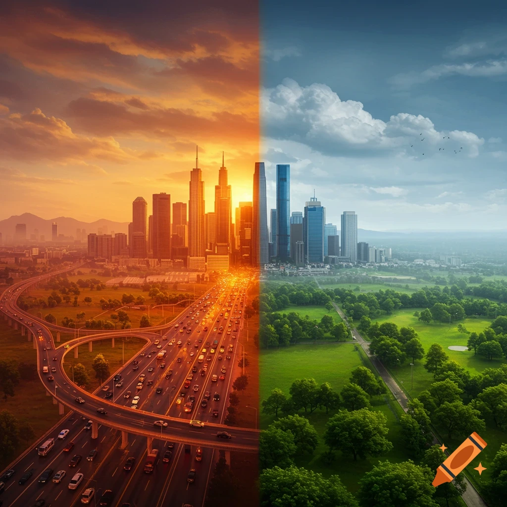 A city at sunset with traffic contrasted with a green suburban landscape.