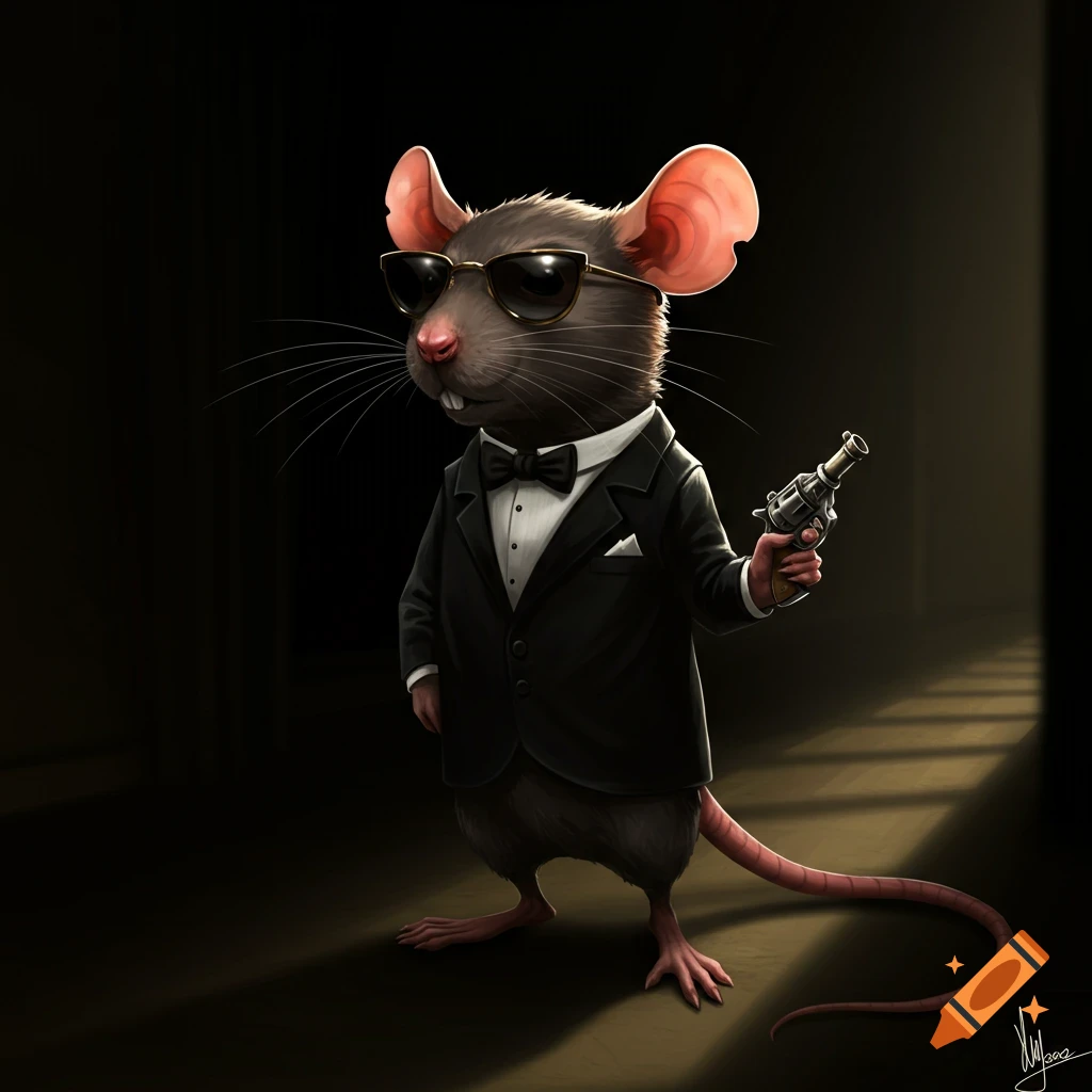 A rat wearing a tuxedo and sunglasses holds a gun in a dark hallway.