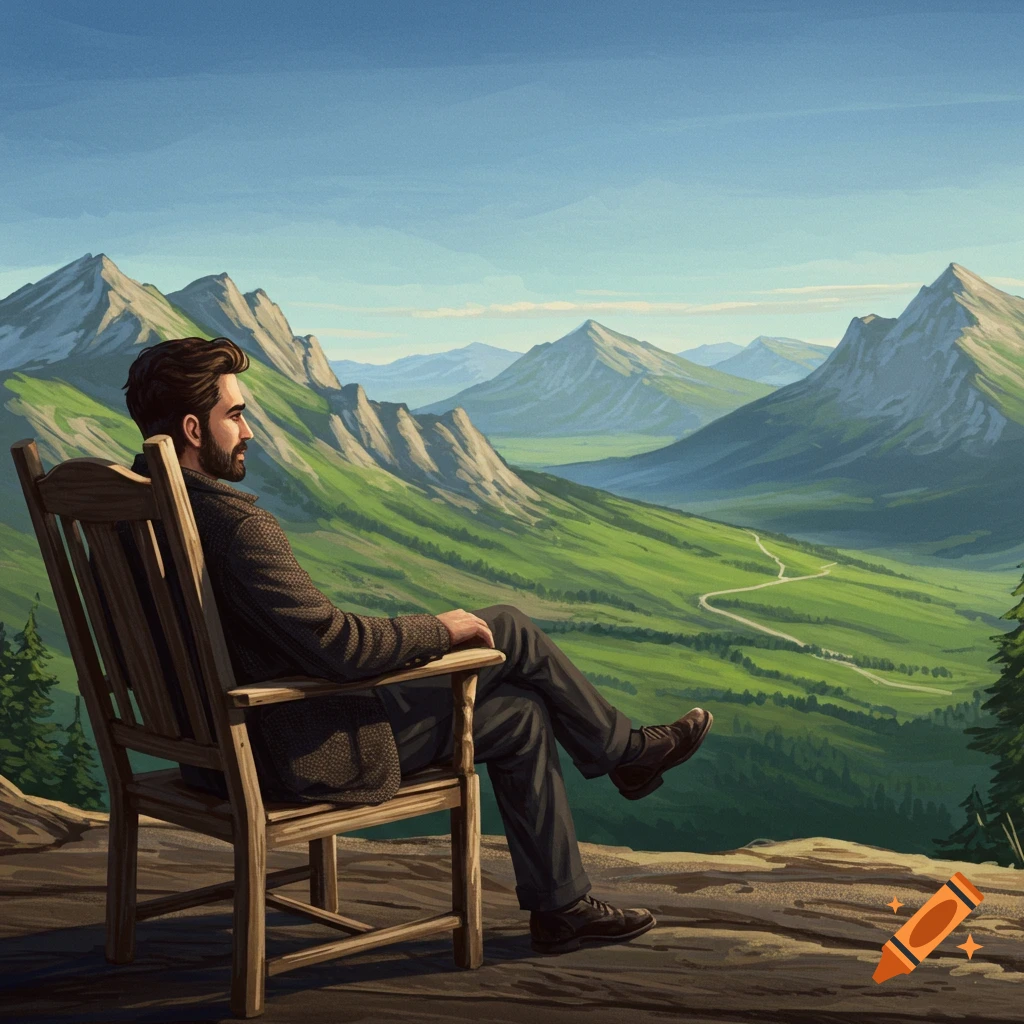A man sits in a chair, gazing out over a mountain valley.