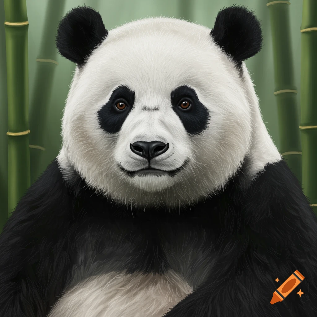 A close-up of a realistic panda's face with bamboo in the background.