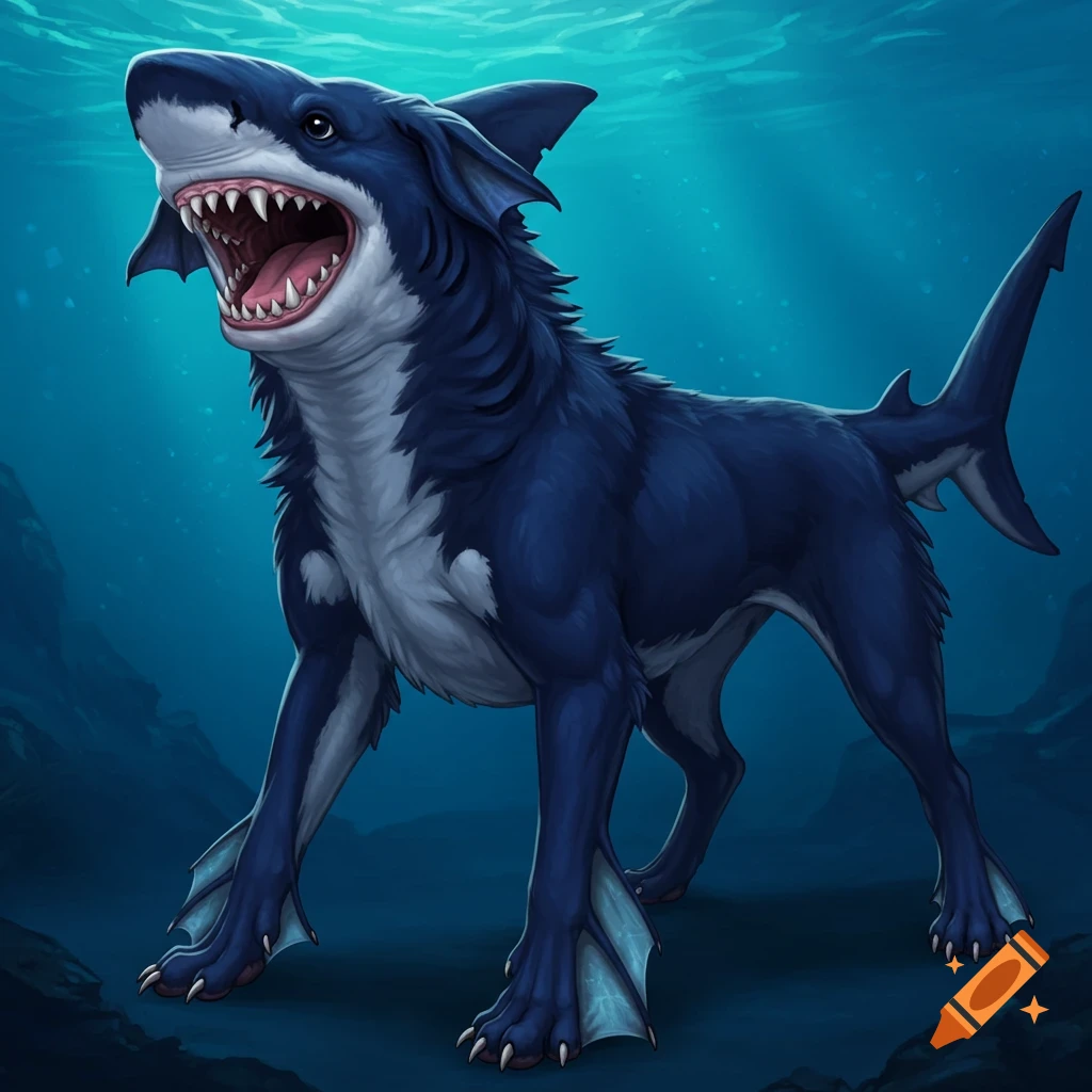 A navy blue shark-dog hybrid with fangs and fur standing underwater.