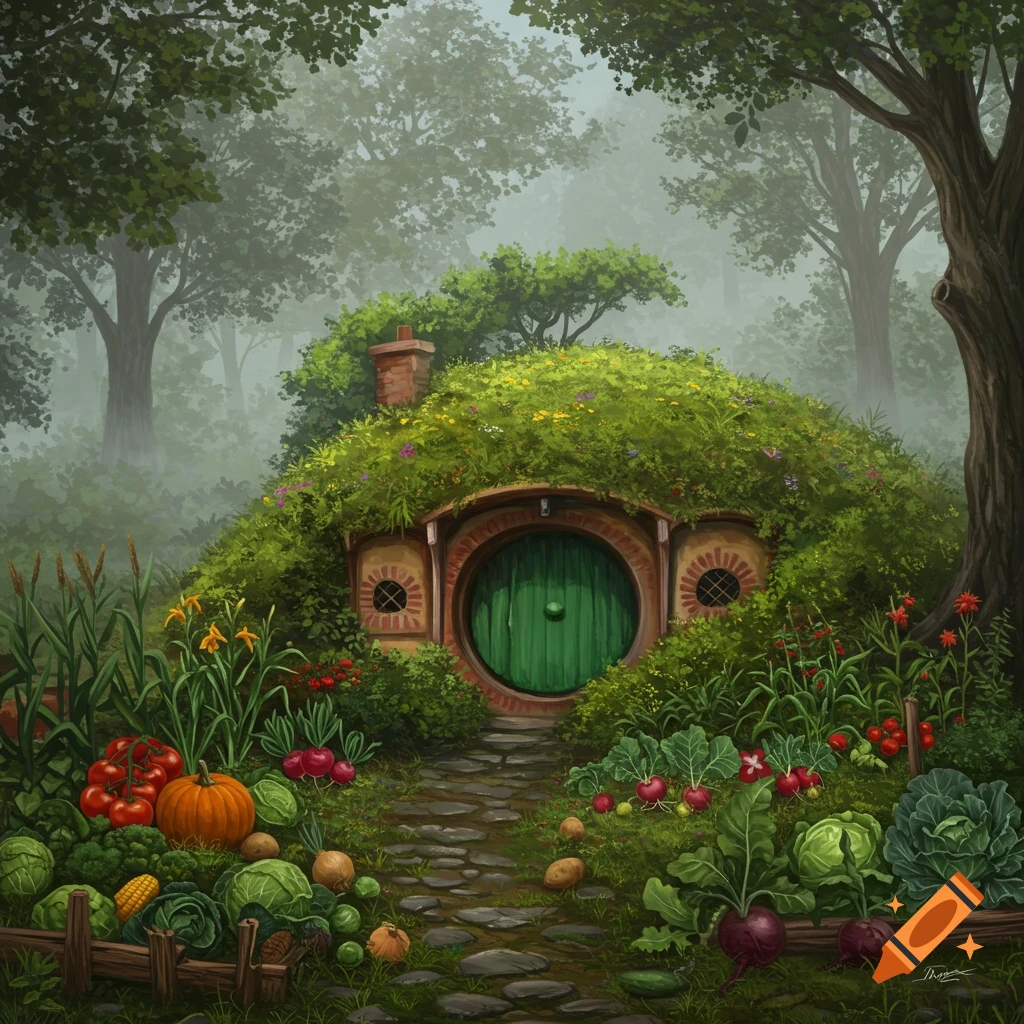 A hobbit hole with a green door and vegetable garden is nestled in a misty forest.