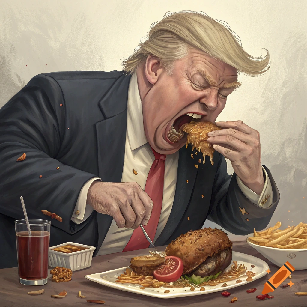 Caricature of Donald Trump eating a large burger very messily with fries and a drink.