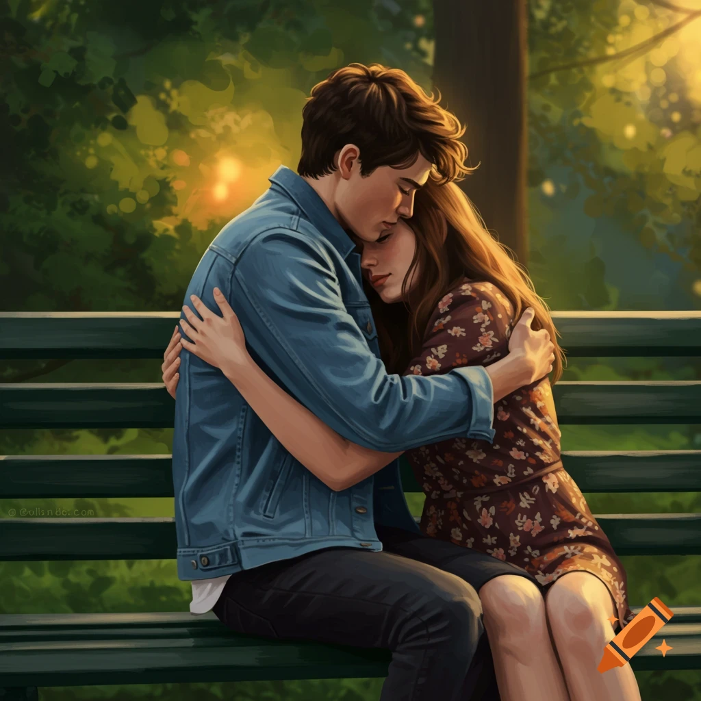 A couple hugging tightly on a park bench.