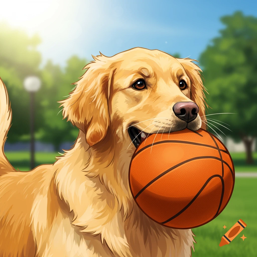 Golden retriever holding a basketball in its mouth in a park
