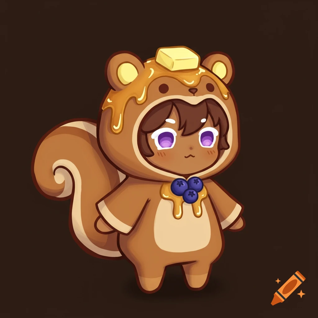 Cute cartoon character in a squirrel costume with syrup and butter.