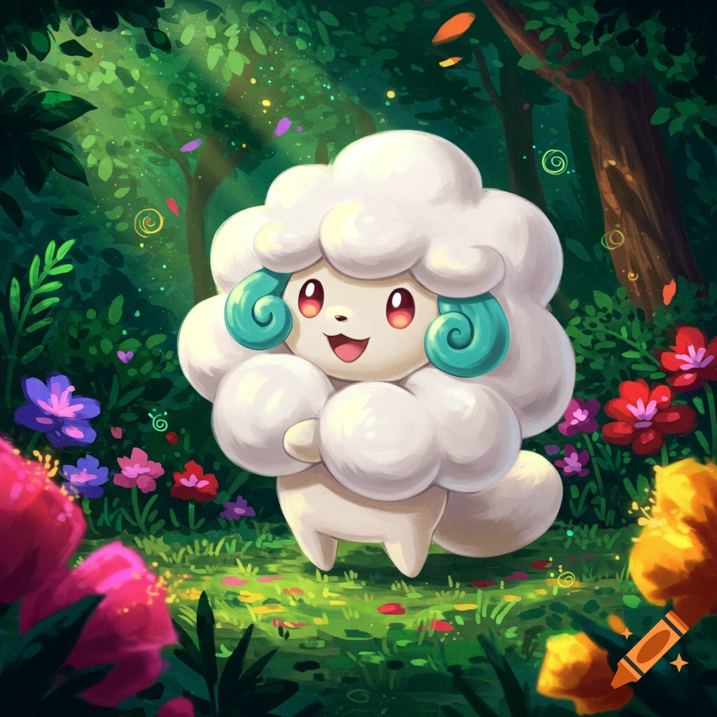 A rendering of the Pokemon Whimsicott smiling in a vibrant, sunny forest clearing surrounded by colorful flowers.