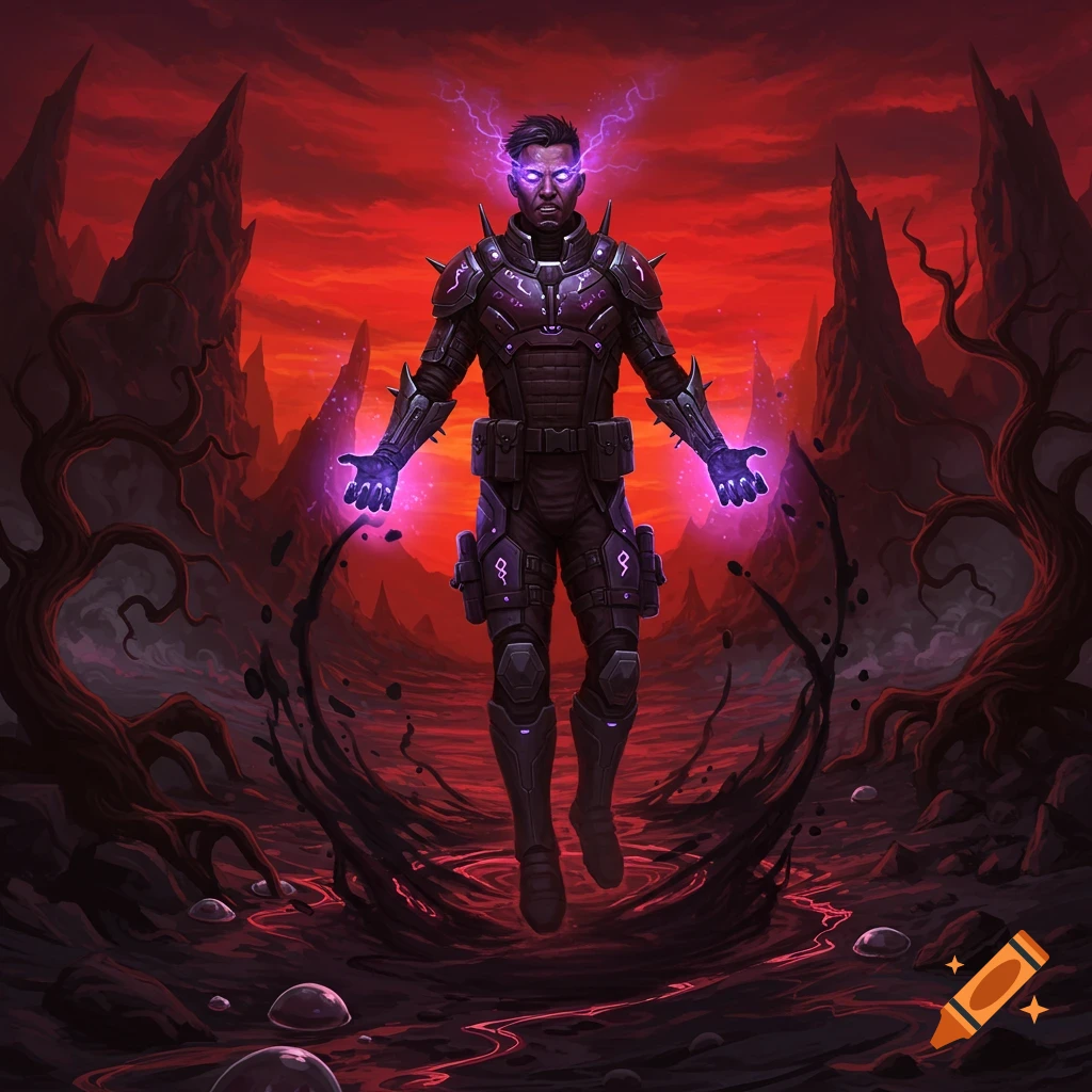 A super soldier with glowing psychic powers floats in a dark fantasy landscape.