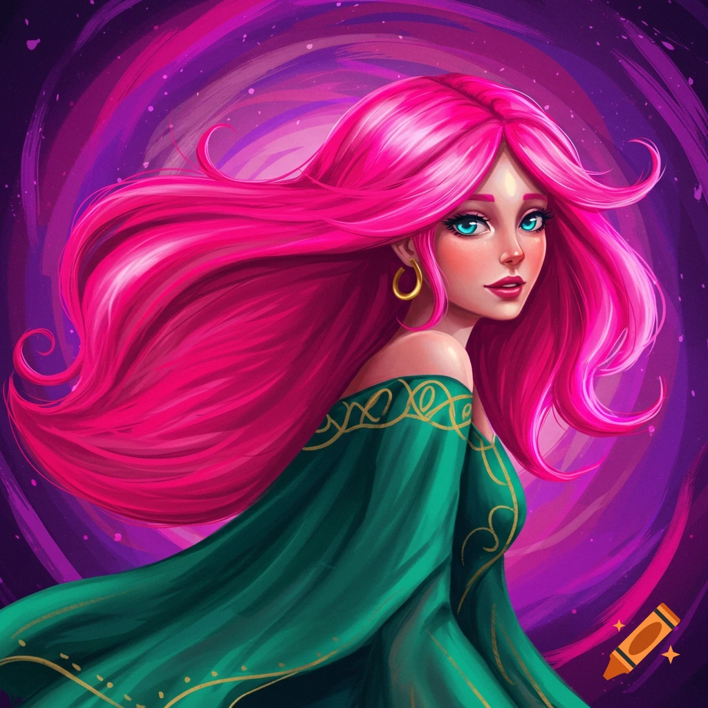 A woman with flowing pink hair and a green dress against a swirling purple background.