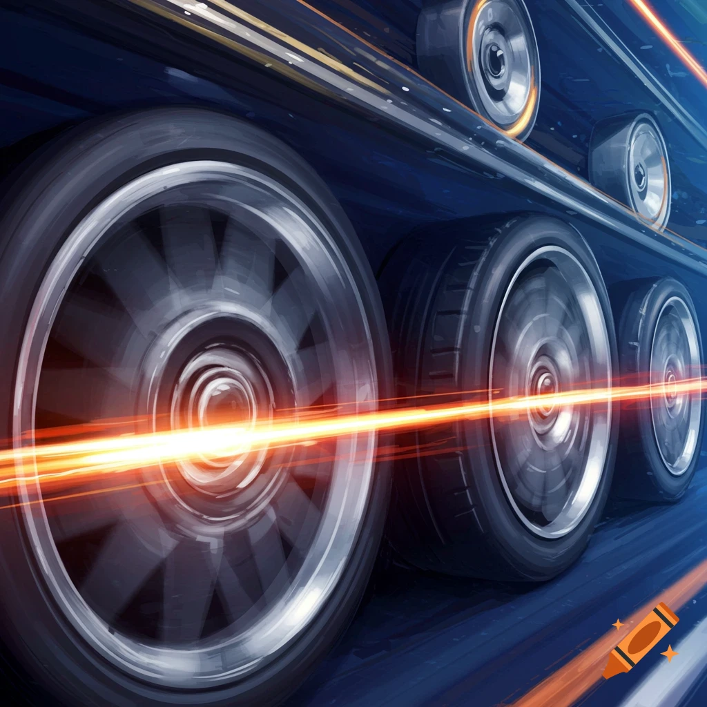 Fast-spinning wheels with motion blur and light trails.