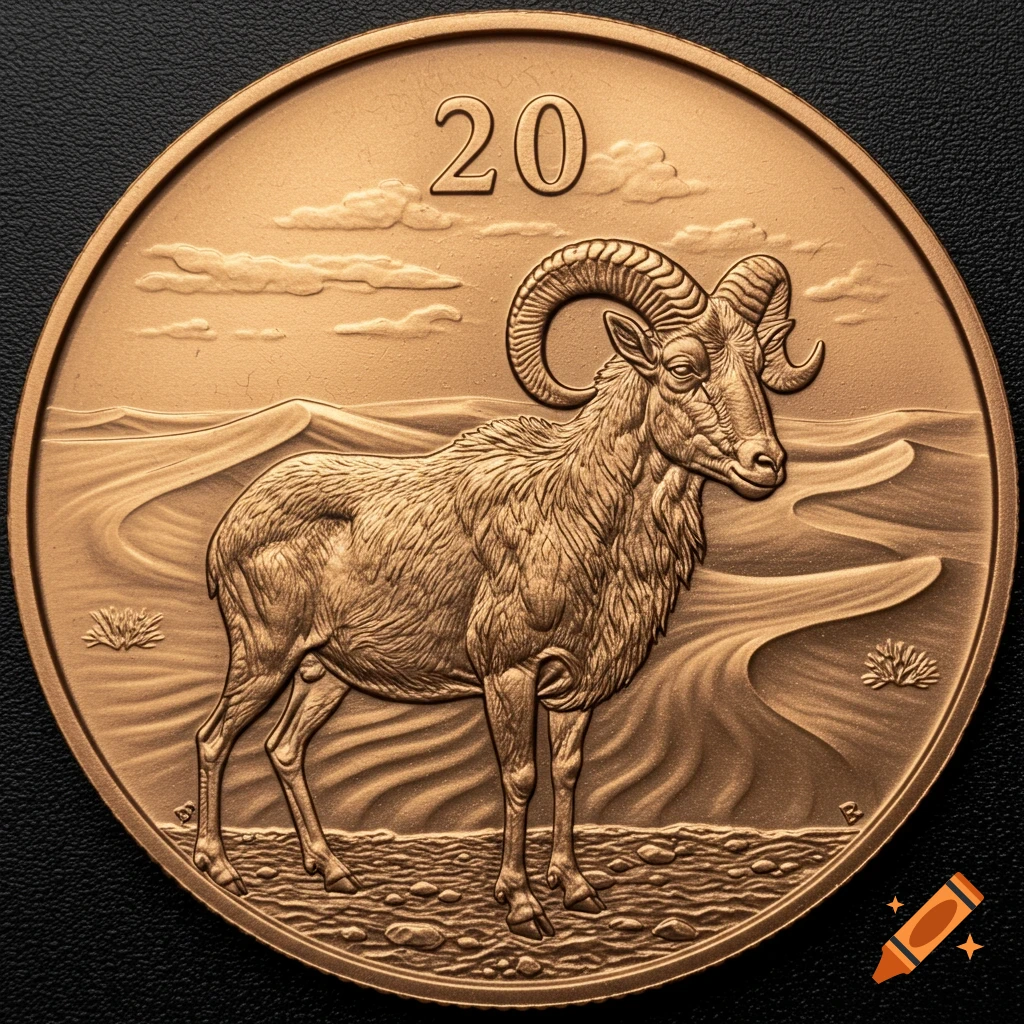 A bronze coin with a ram in a desert, number 20 above