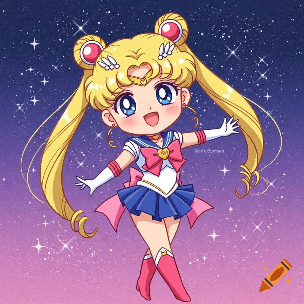 Chibi Sailor Moon character poses in front of a starry sky.