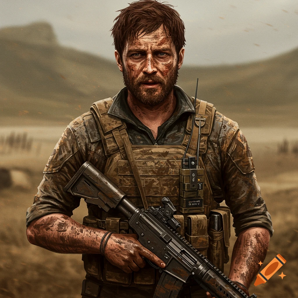 A dirty mercenary holding a rifle in a desolate landscape.