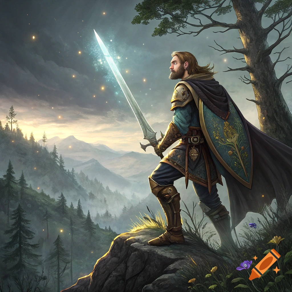 Fantasy warrior in armor with a glowing sword standing on a rock overlooking a forested landscape