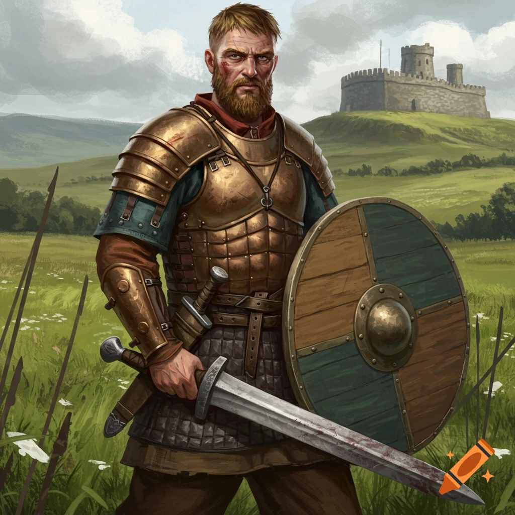 A man in ancient armor stands holding a sword and shield, with a castle behind him.