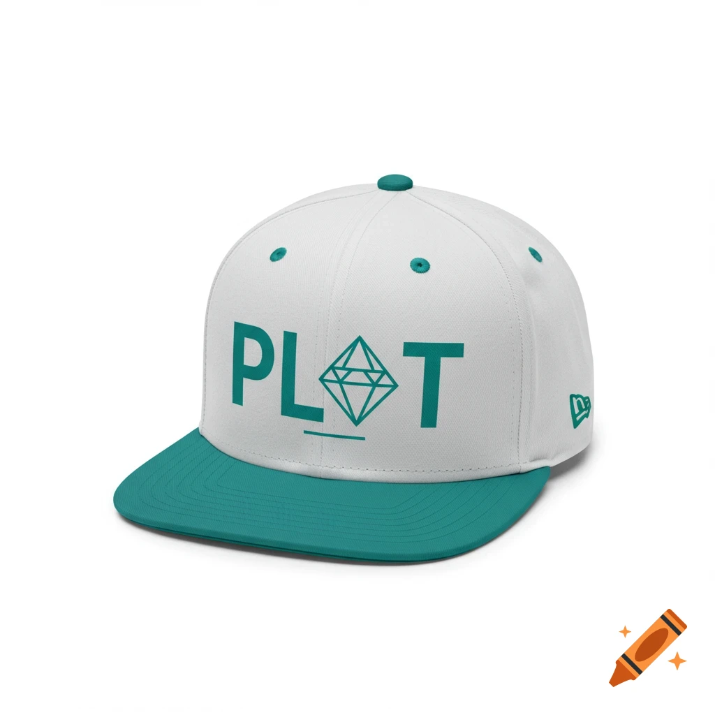 White snapback hat with teal brim featuring PLAT text and diamond logo.
