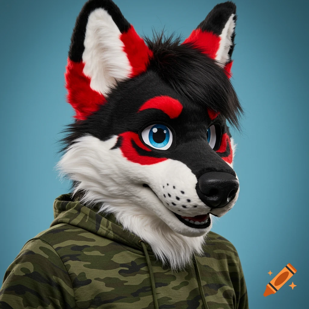 Close-up studio photo of a black, white, and red wolf furry wearing a green camouflage hoodie.