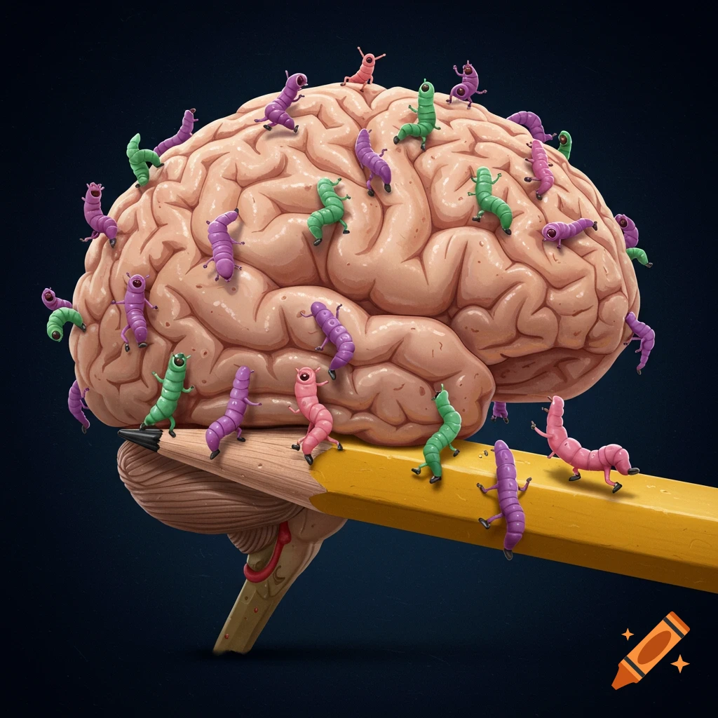 Illustration of a human brain covered in colorful worms, balanced on a large pencil.