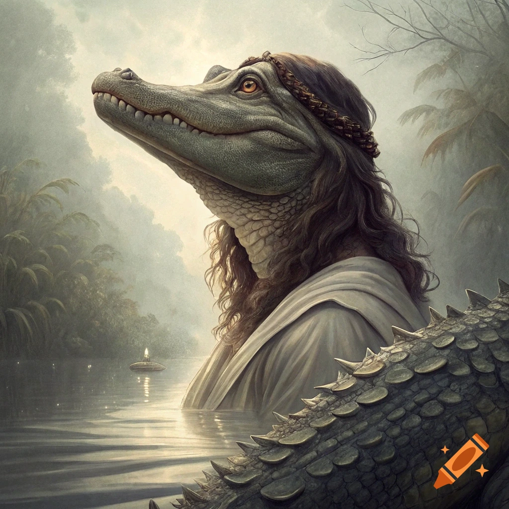 A crocodile figure with long hair and robes emerges from water, looking upwards, in a misty landscape.