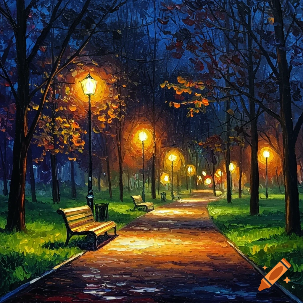 Painterly depiction of a park path at night lined with benches and lampposts casting warm light.