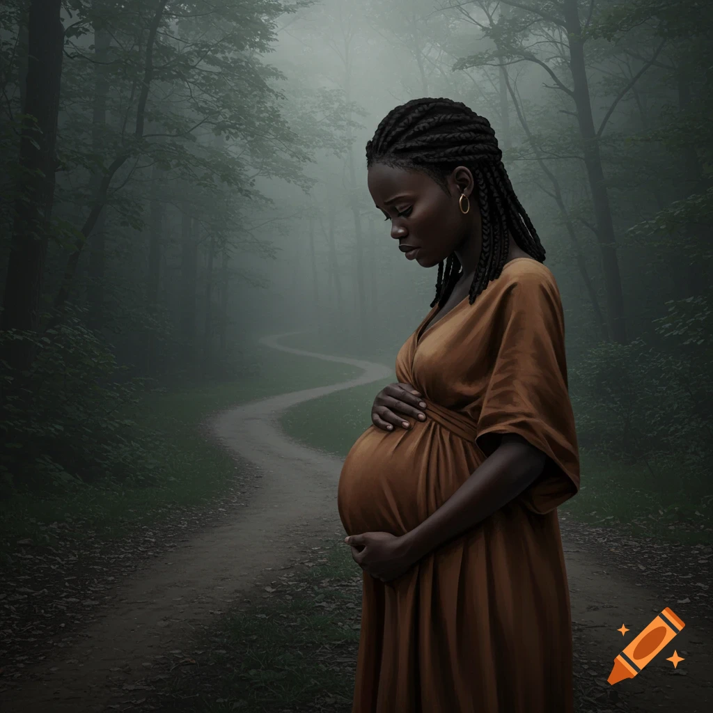 A pregnant Black woman stands in a misty forest.