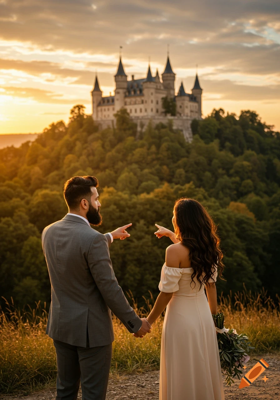 A couple in a suit and dress stand holding hands, pointing towards a majestic castle atop a hill at sunset.